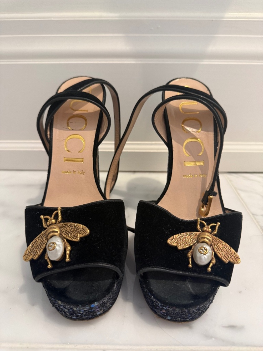 Gucci Soko Bee Black Velvet Glitter Platform Heels – Size 39